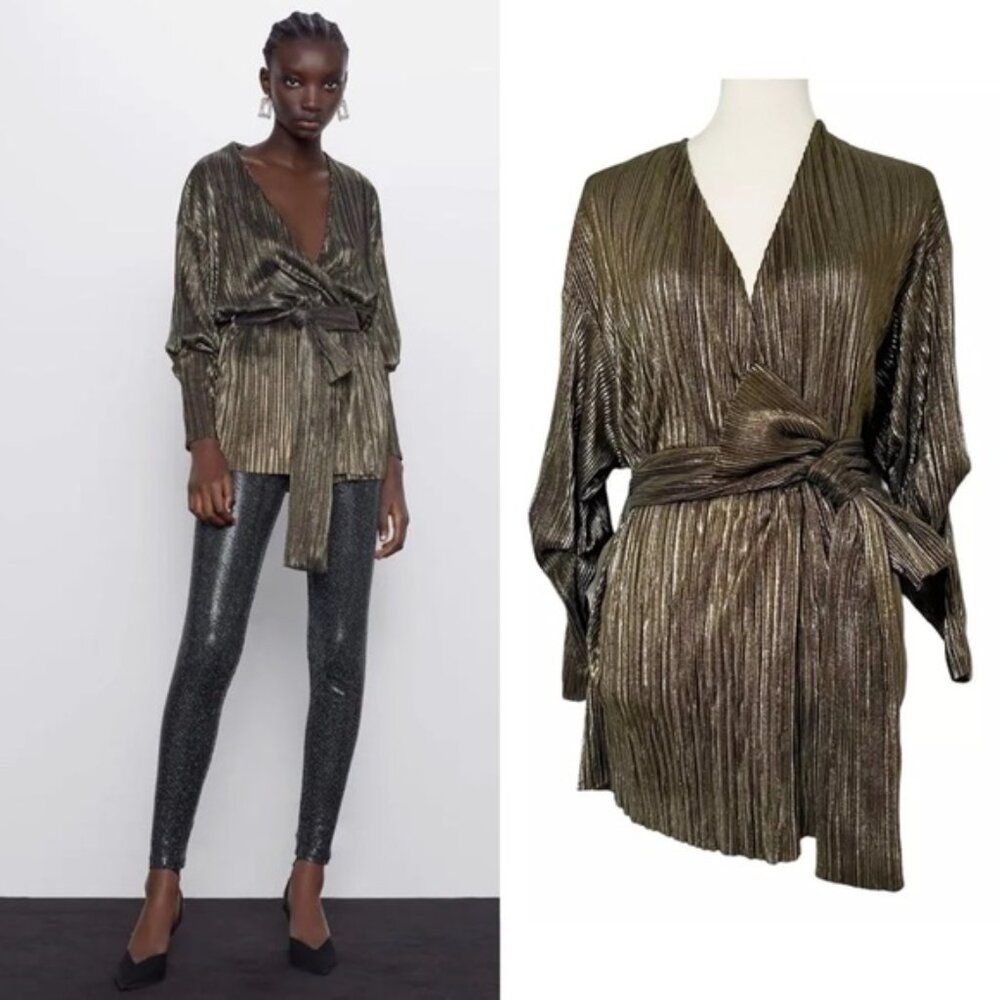 NWT Zara Gold Metallic Festive Top Bow Wrap Pleated Going Out Size Small